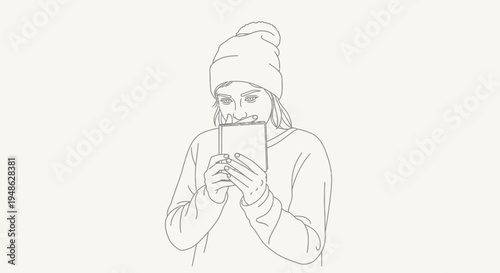 Young Woman in Beanie Enjoying Hot Drink in Winter, Cozy Lifestyle Illustration