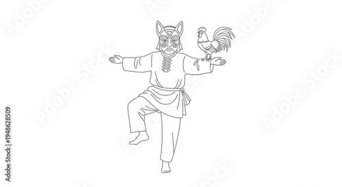 Traditional dancer in animal mask with rooster on shoulder, line art