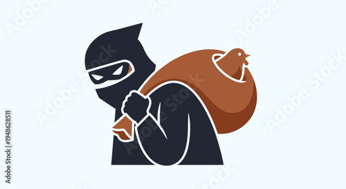 Thief Stealing Chicken in Bag, Funny Cartoon Icon