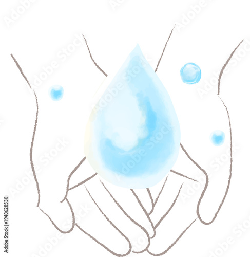 水滴を両手で包む水彩イラスト　水を守るエコイメージ