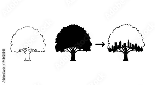 Tree silhouette transforming into city skyline, concept of urban growth and nature integration