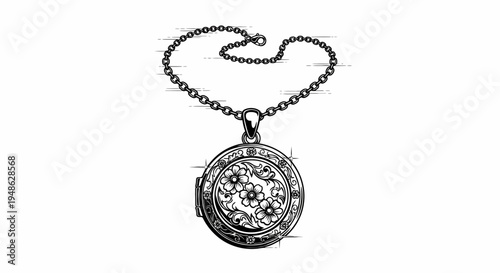 Vintage Locket Necklace with Floral Engraving, Antique Jewelry, Black and White Illustration