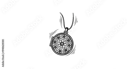 Vintage Floral Locket Necklace Pendant, Retro Jewelry, Romantic Keepsake, Black and White Illustration
