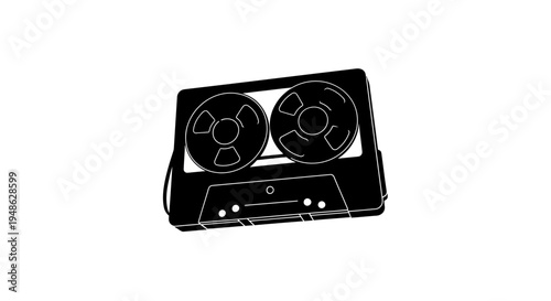 Vintage Reel To Reel Cassette Tape Icon, Retro Audio Recorder Symbol, Black and White Illustration