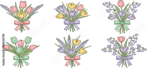 Charming Tulip and Crocus Flower Bouquets with Ribbons – Vector Spring Floral Arrangements Set
