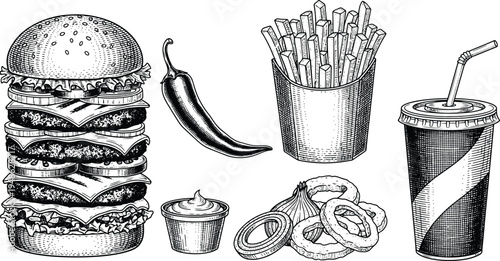 Vintage engraving fast food illustration set with burger, fries, onion rings, chili pepper and soda
