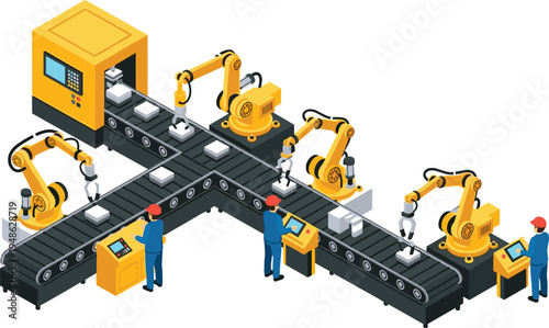 Illustrated automated manufacturing assembly line with robotic arms, human operators, and conveyor system—ideal for industrial automation, robotics, and factory process visuals.