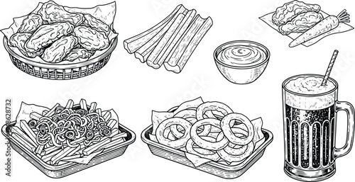 Vintage engraving fast food illustration set with chicken wings, fries, onion rings, sauce and beer