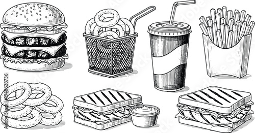 Vintage engraving fast food illustration set with burger, fries, onion rings, soda and sandwiches