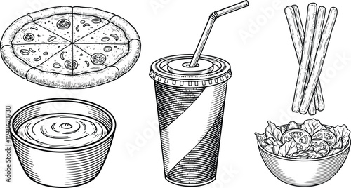 Vintage engraving fast food illustration set with pizza, soda drink, breadsticks, soup and salad