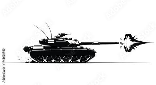 Black and white illustration of a tank firing its cannon with smoke and dust