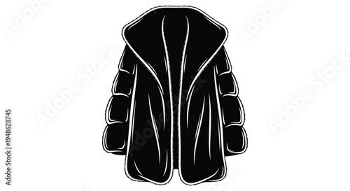 Stylized black and white illustration of a hooded garment resembling a cloak