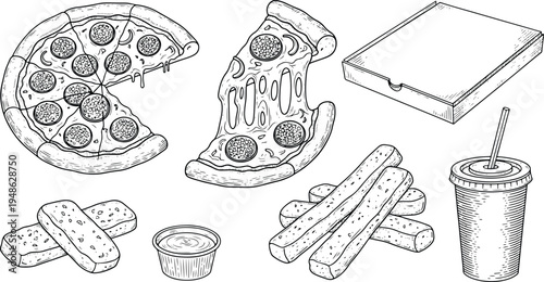 Vintage engraving fast food illustration set with pizza slice, breadsticks, sauce and takeaway drink