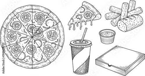 Vintage engraving fast food illustration set with whole pizza, slice, breadsticks, drink and takeaway box