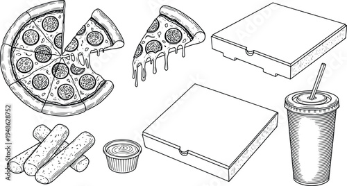 Vintage engraving fast food illustration set with pizza slices, takeaway boxes, breadsticks and soda drink