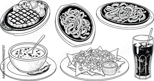 Vintage engraving restaurant food illustration set with steak, pasta, soup, nachos and soda drink