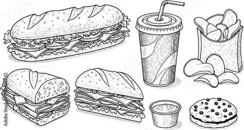 Vintage engraving fast food illustration set with sandwiches, chips, soda drink, sauce and cookie