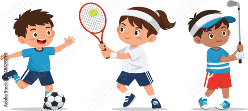 Children Engaged in Active Sports Including Soccer, Tennis, and Golf