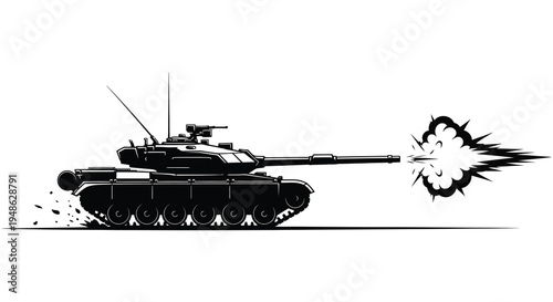 Black and white illustration of a tank firing its cannon with dust and smoke