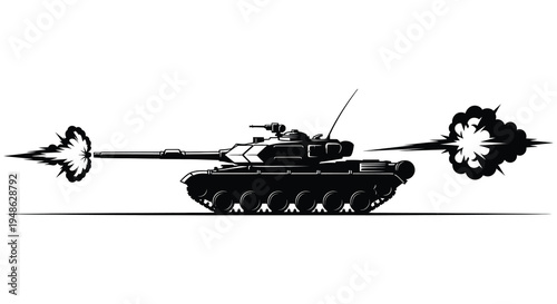 Black silhouette of a tank firing its cannon with smoke plumes visible