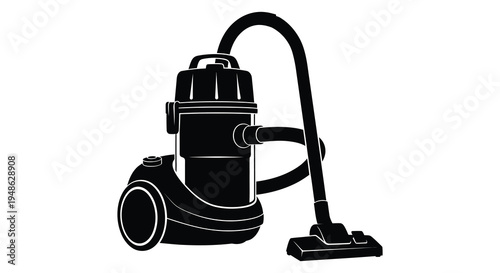 A black and white silhouette of a classic upright vacuum cleaner