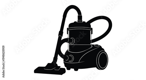 Black and white silhouette of a modern canister vacuum cleaner on a white background