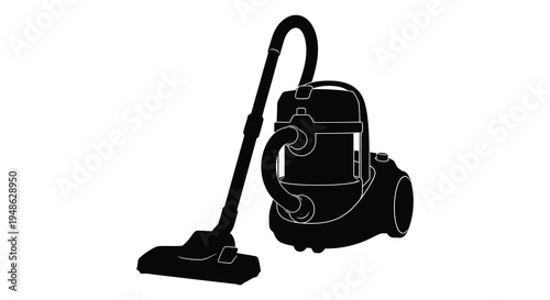 Silhouetted image of a modern upright vacuum cleaner with a long hose