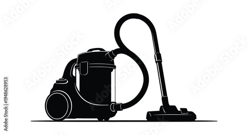 A sleek black and white silhouette of a canister vacuum cleaner with a long hose