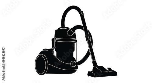 A black silhouette of a modern upright vacuum cleaner against a white background