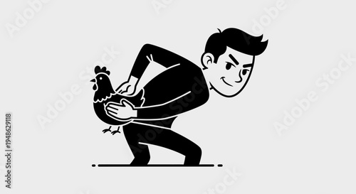 Sneaky Man Stealing a Chicken, Funny Illustration, Concept of Theft and Mischief