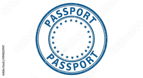 A blue circular passport stamp with the word passport repeated around the edges