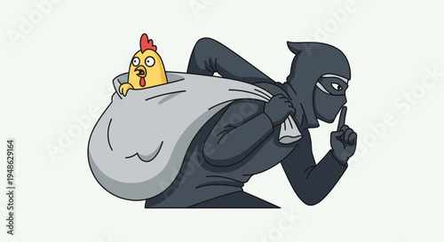 Thief carrying sack with chicken, shushing gesture, secret heist, funny cartoon illustration