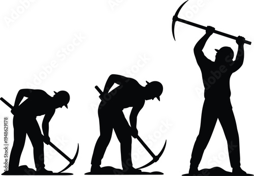 Miner worker silhouettes with pickaxe tools, industrial mining labor concept, excavation workers digging ground, heavy industry workforce, manual labor activity, isolated vector illustration