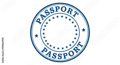 A circular blue passport stamp with the word passport repeated around the edges