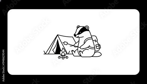 Cute Badger Camping, Roasting Marshmallow by Tent and Campfire, Outdoor Adventure