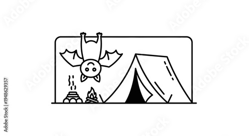 Cute Bat Camping Adventure: Tent, Campfire, and Hanging Bat Icon
