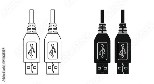 Usb cable connectors in black and white illustrated with varying line weights