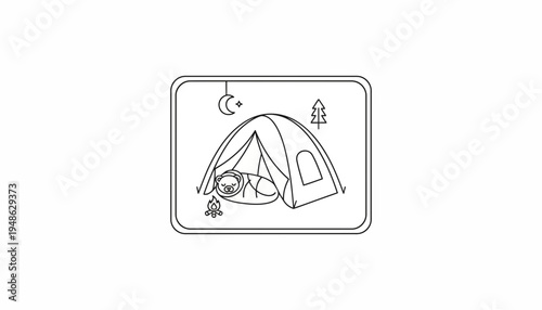 Cute bear sleeping in tent under starry night sky with campfire, camping adventure