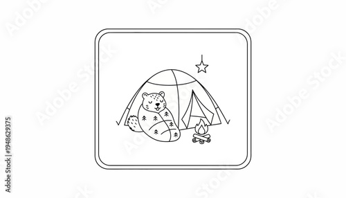 Cute bear sleeping in a sleeping bag by a campfire and tent, starry night