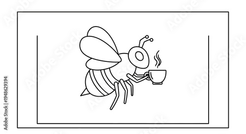 Cute Bee Drinking Hot Coffee or Tea from a Cup, Line Art Illustration