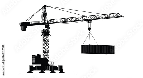 Black silhouette of a tower crane lifting a shipping container