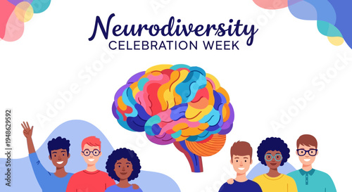 Illustration of diverse people celebrating Neurodiversity Celebration Week with colorful brain vector design.