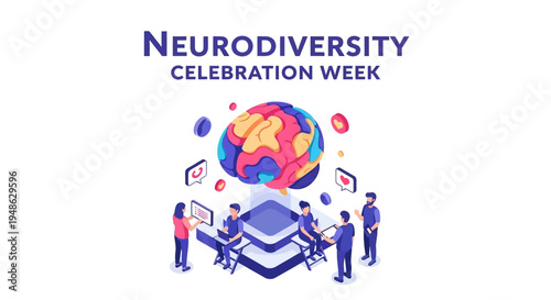 Illustration of people celebrating Neurodiversity Celebration Week with a colorful brain and symbols, promoting awareness and acceptance in a vibrant design.
