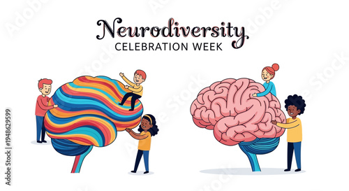 Illustration of diverse people interacting with colorful brain and pink brain on stands, celebrating Neurodiversity Celebration Week with a joyful and awareness mood.