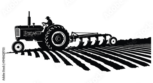 A black and white illustration of a vintage tractor plowing a field