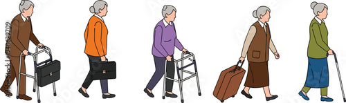 Illustrated elderly women walking with mobility aids including canes and walkers—ideal for aging, healthcare, independence, lifestyle, and senior wellness visuals.