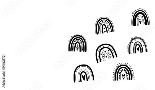 A set of minimalist rainbow illustrations with hearts and patterns