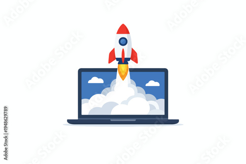 Minimalist tech startup concept, rocket launching from laptop screen