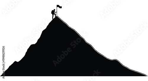 Silhouette of a climber triumphantly standing atop a mountain peak with flags