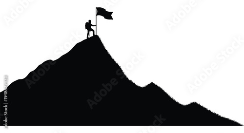 Silhouette of a person planting a flag on a mountain peak symbolizing achievement
